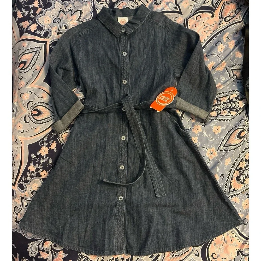 NEW Wonder Nation Girls Belted Buttonup Denim Fit‎ & Flare Dress, 6/6X